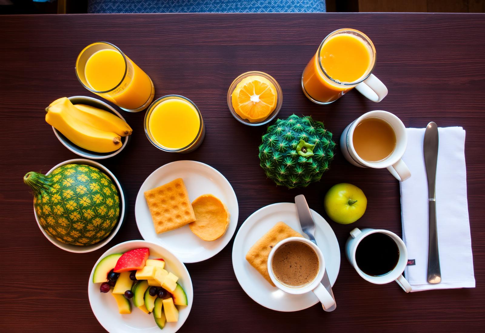 Mesa de café da manhã com frutas, sucos e café