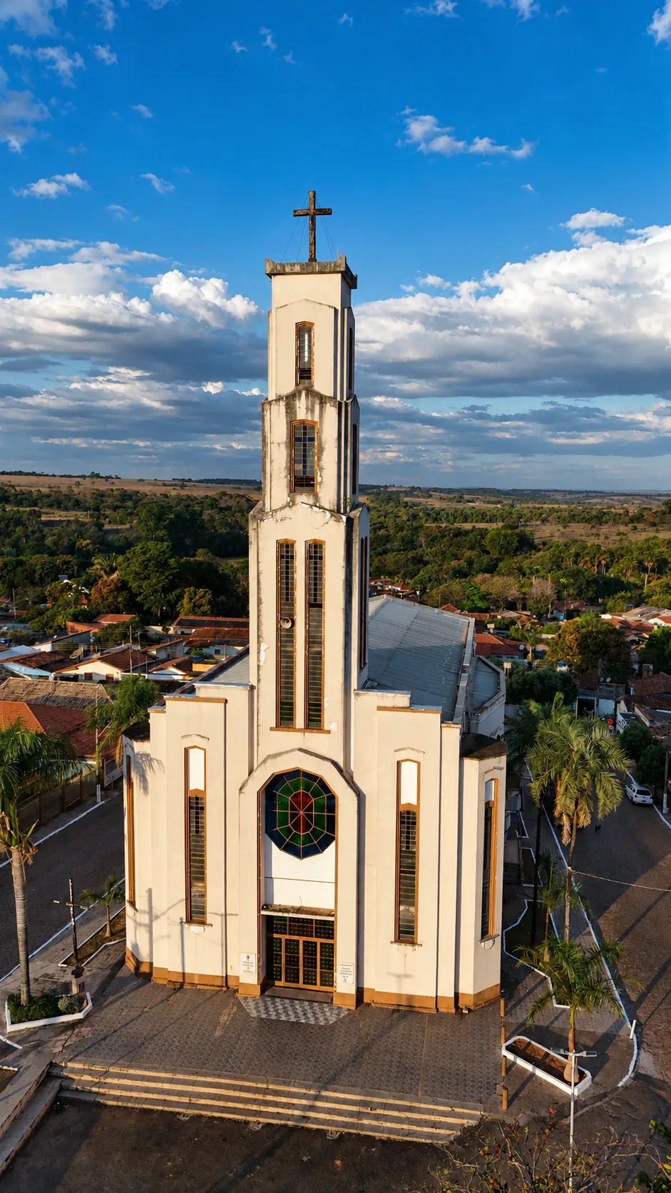 Fachada e torre da Igreja Matriz de Piracanjuba vistas do alto